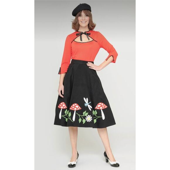 Unique Vintage Black and Red Mushroom Soda Shop Swing Skirt 1X 16 NWOT - Picture 2 of 3